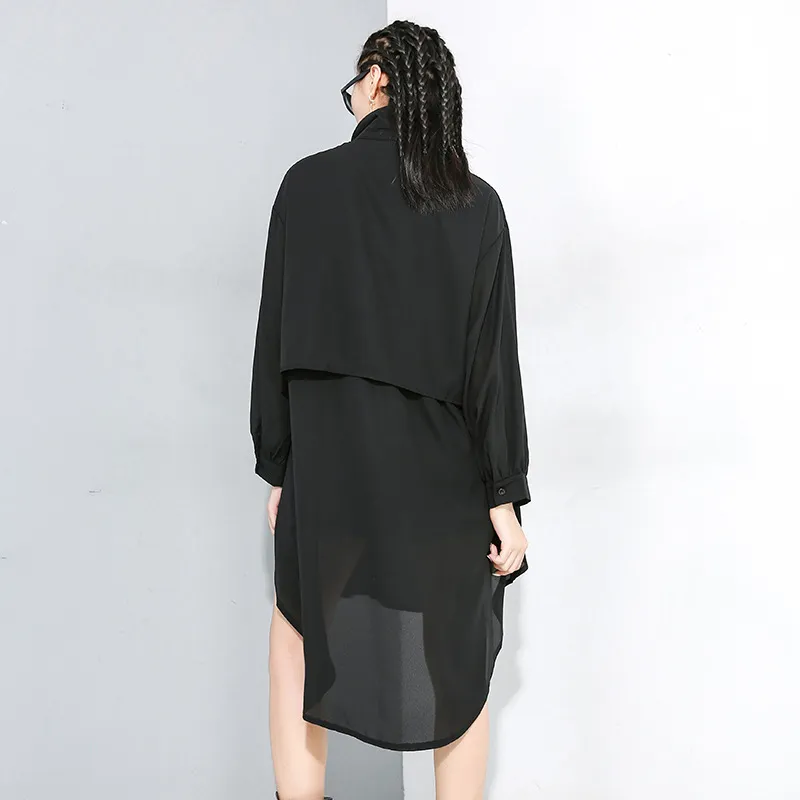[EAM] Женщины черный нерегулярный большой размер длинного платья отворота с длинным рукавом свободный подходящий мода весна осень 1DD2333 21512