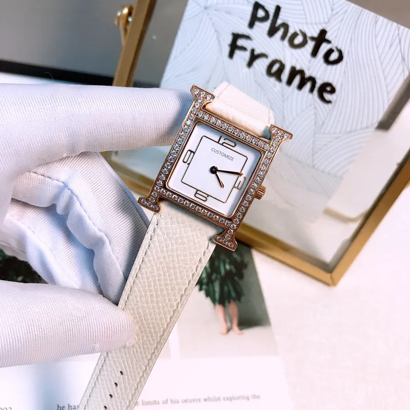26mm Vintage montre en cuir véritable carré diamant lunette numérique montre-bracelet signe Logo Heure dame montres femmes cadeau d'anniversaire