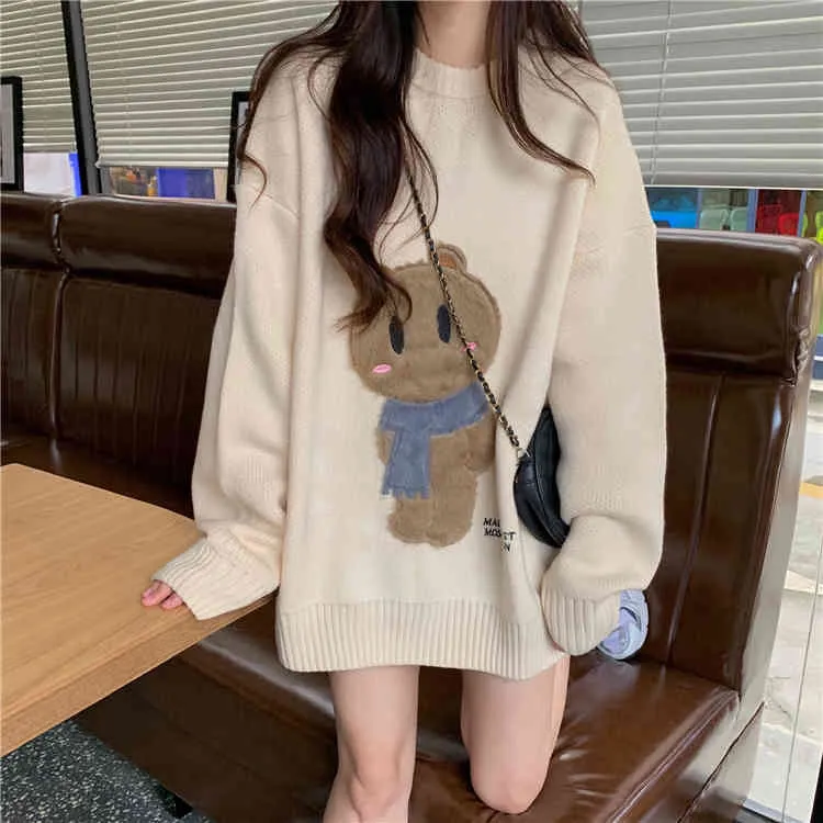 H.SA Women Oversized Cute and Pullovers Cartoon Bear Sweaters Casual Pull Jumpers White Sweater Tops sueter Mujer 210417