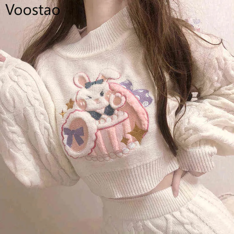 秋冬スウィートロリータスタイルスカートセット日本の女の子かわいいウサギ刺繍キンティングセータースカート春女性2ピーセット211108