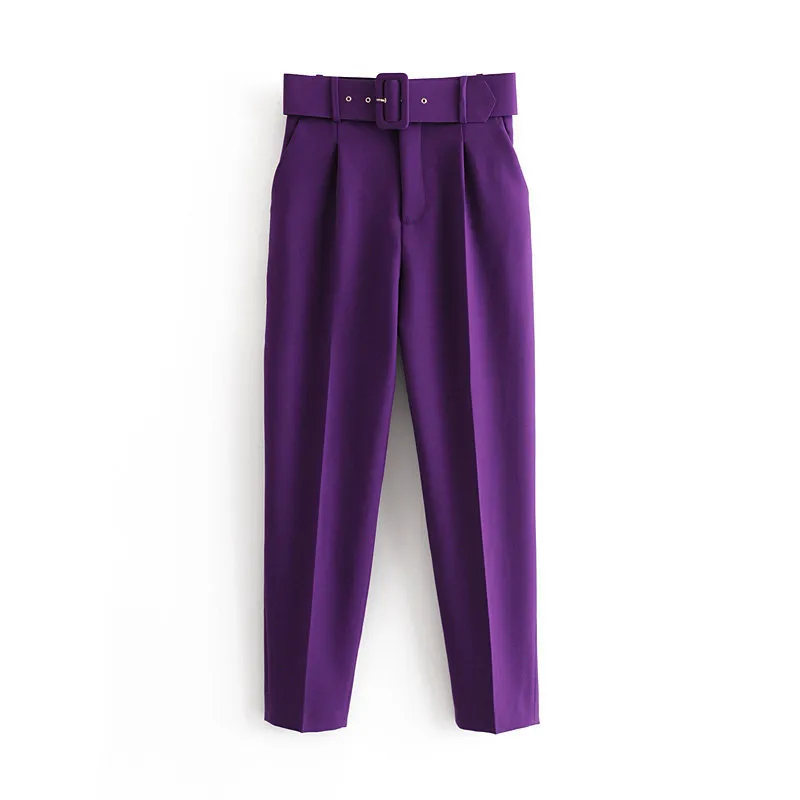 élégant kaki violet sarouel femmes poches fermeture éclair bureau taille haute décontracté crayon pantalon 210521
