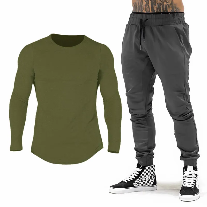 Abbigliamento da palestra di marca Tuta da uomo T-shirt a maniche lunghe in cotone + pantaloni da jogging Pantaloni da uomo Bodybuilding Fitness da jogging Pantaloni sportivi Tuta 210421