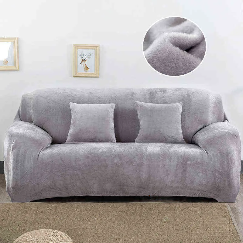 Plush Sofa Cover Stretch Solid Color Thick Slipcover s for Living Room Pets Chair Cushion Towel 211116