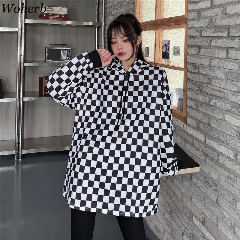 Vår mode hoodies sweatshirts kvinnor harajuku plaid hoody coat streetwear hip hop bf kvinnlig 4h414 210422