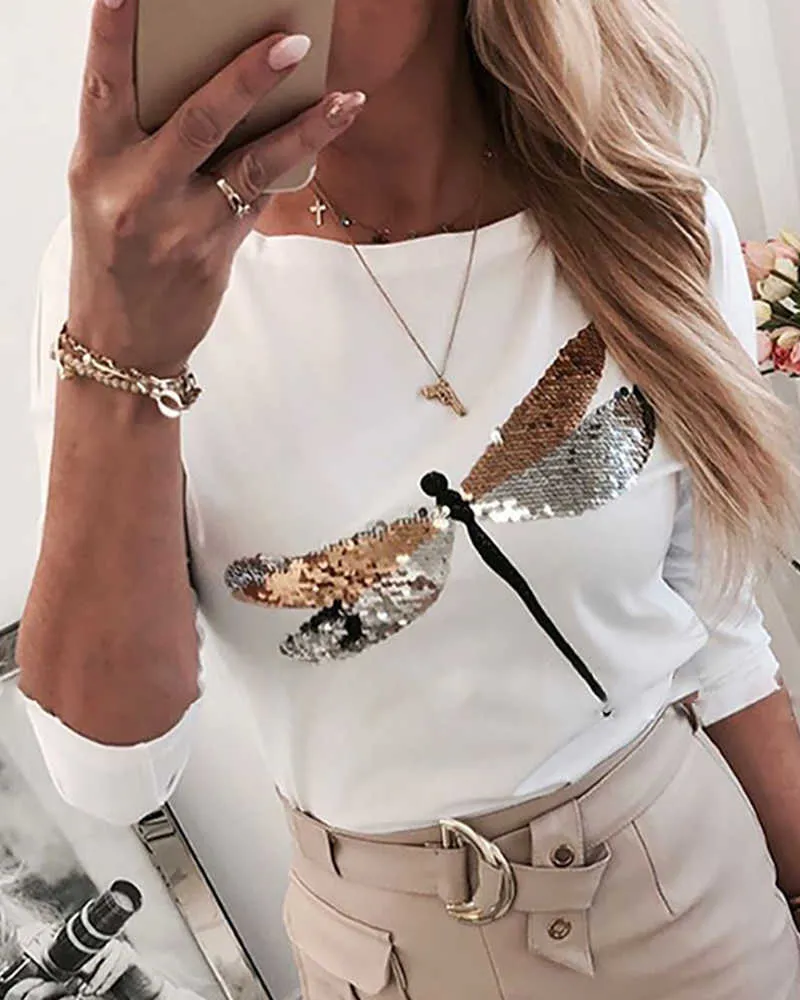 Women Fashion Summer Casual White Tops Long Sleeve Tops Summer Tops Round NeckDragonfly Pattern Sequins Long Sleeve T-shirt 210716