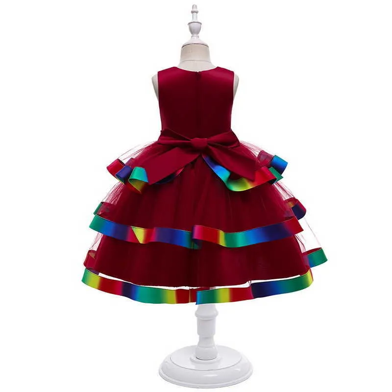 Summer Teenager Girls Dresses Sleeveless Bow Formal Rainbow Dress for Party Wedding Piano Perform Kids Clothes E5220 210610