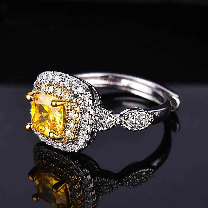 Anello di fidanzamento con diamante giallo simulato a forma di cuscino placcato con diamante giallo quadrato grasso in platino pt950 con apertura da donna039s R9686453