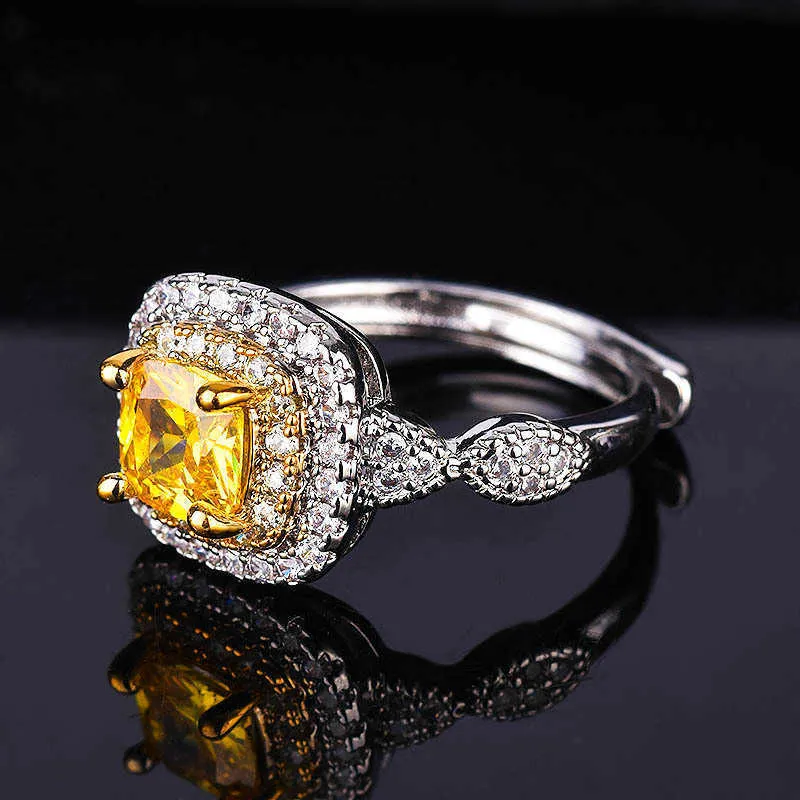 Kussenvormige verlovingsring met gesimuleerde gele diamant, verguld met pt950 platina dikke vierkante gele diamant opening dames039s R7247514