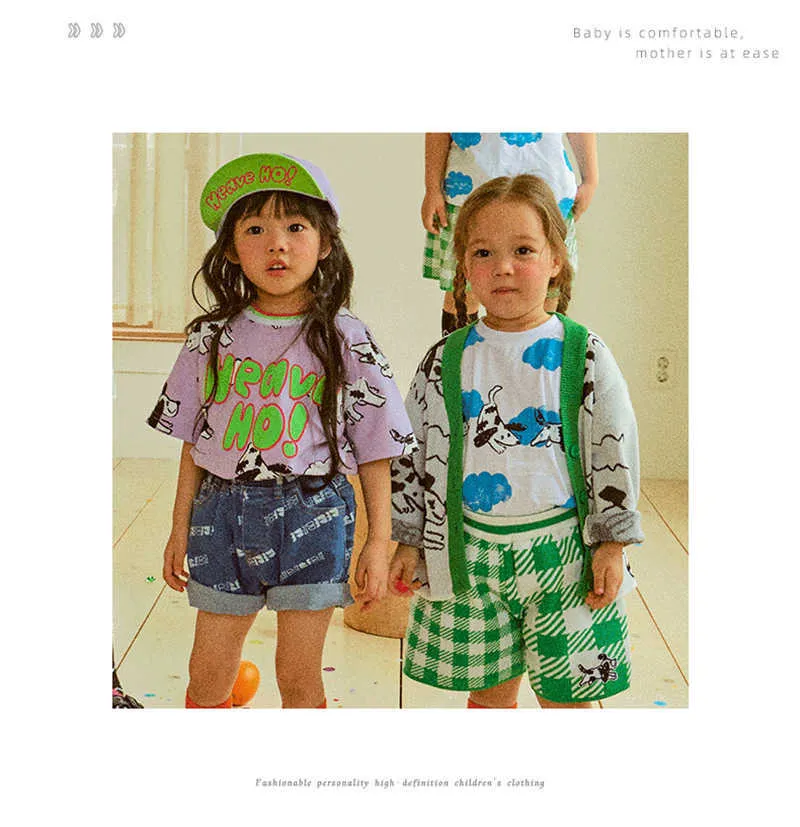 Dzieci Chłopcy i Dziewczyny Lato T Shirt Bloomers Kds Fahsion Cartoon Wzór Brat Siostra Dopasowanie Odzież 210619