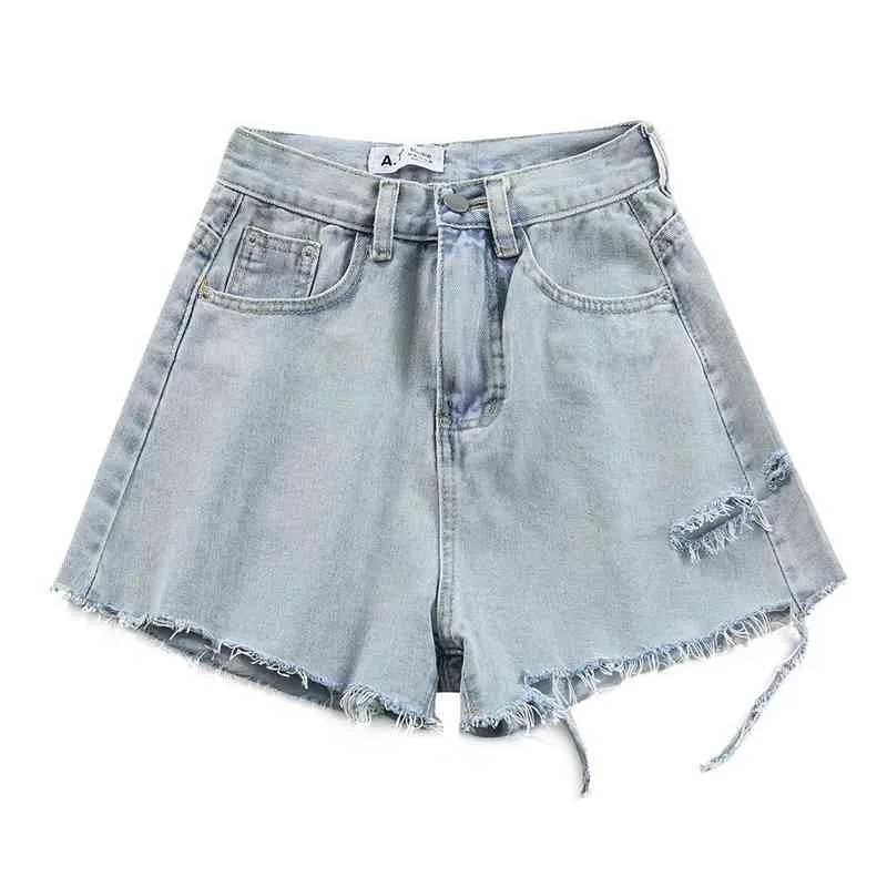 Kimutomo Ripped Jeans Shorts Femmes Été Coréen Solide Mode Femme Taille Haute Mode A-ligne Jambe Large Denim Shorts 210521