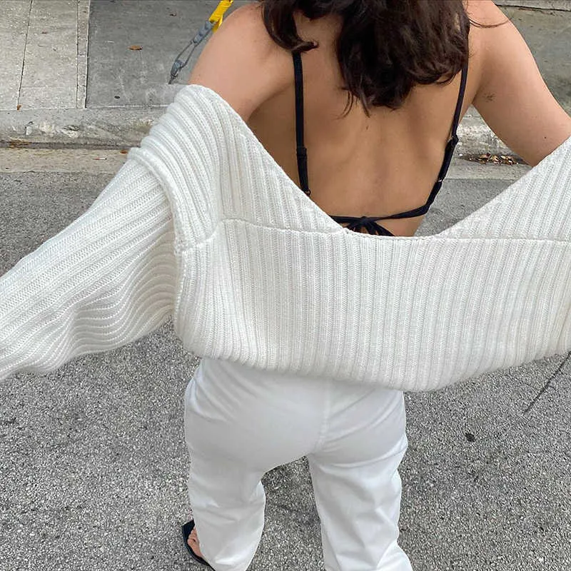 Tossy White Women Sweater Shrugs Cropped Top Full Lantern Sleeve Knitwear Pullover Sexy Summer High Street Outwear Spring 210805