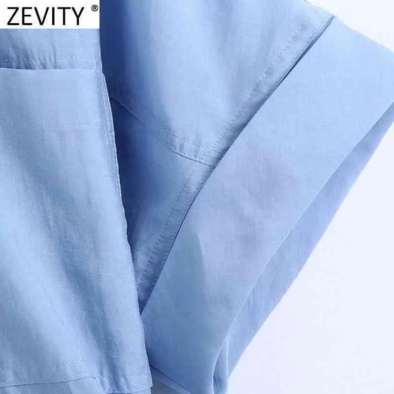 Zevity Women Fashion Pocket Patch Solid Färg Casual Slim Shirt Klänning Kontor Lady Elastisk Midja Breasted Business Vestido DS8324 210419