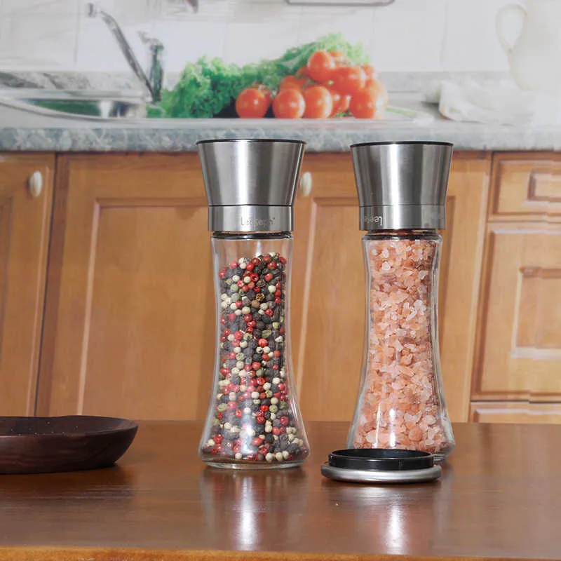 Salt and Pepper Grinder Set of 2, Adjustable Easy To Use, 304 Stainless Steel Top Thick Glass Body 210611