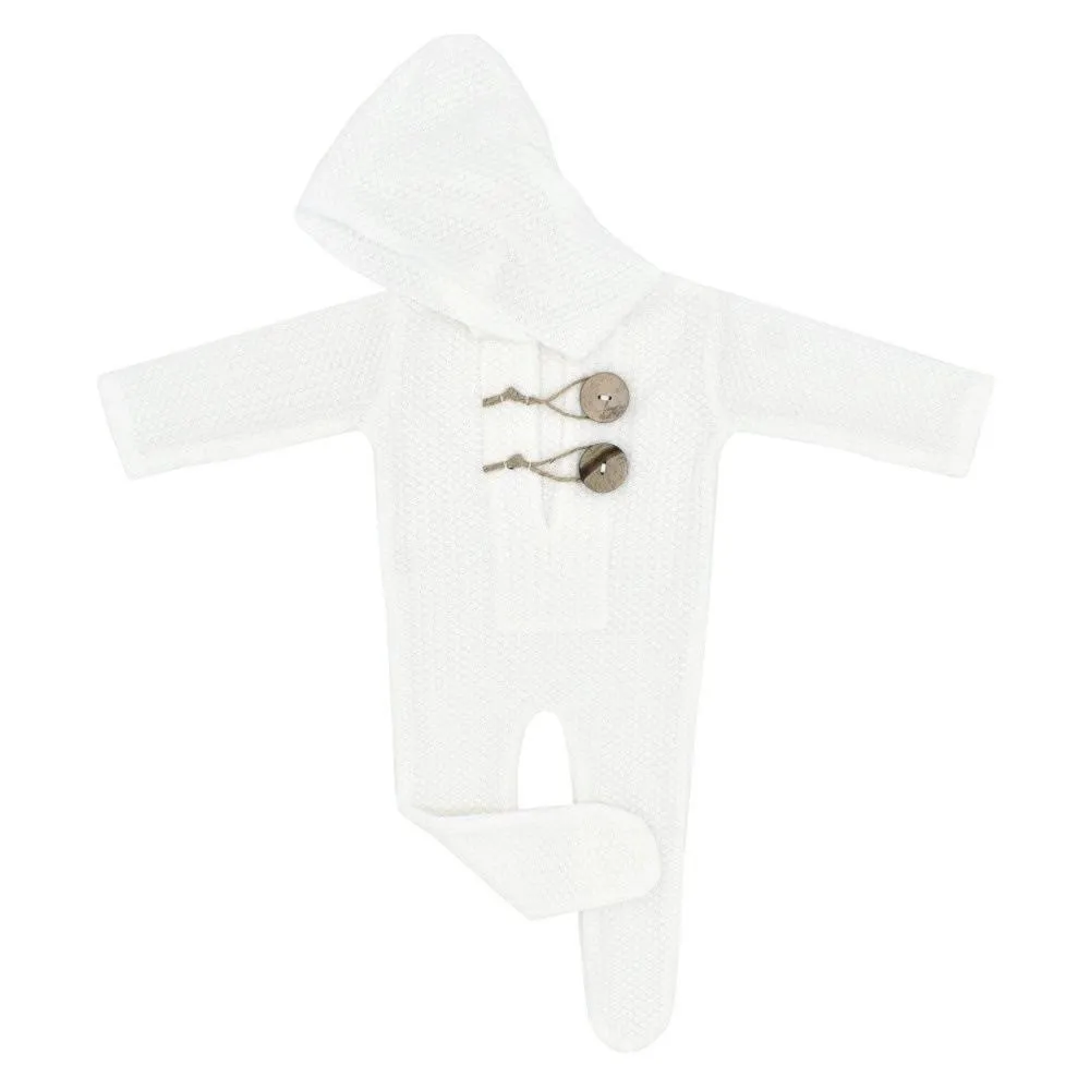 Voete pasgeboren romper baby babyfotografie prop jammies lange mouw hooded gebreide rompertjes klimmen kleding