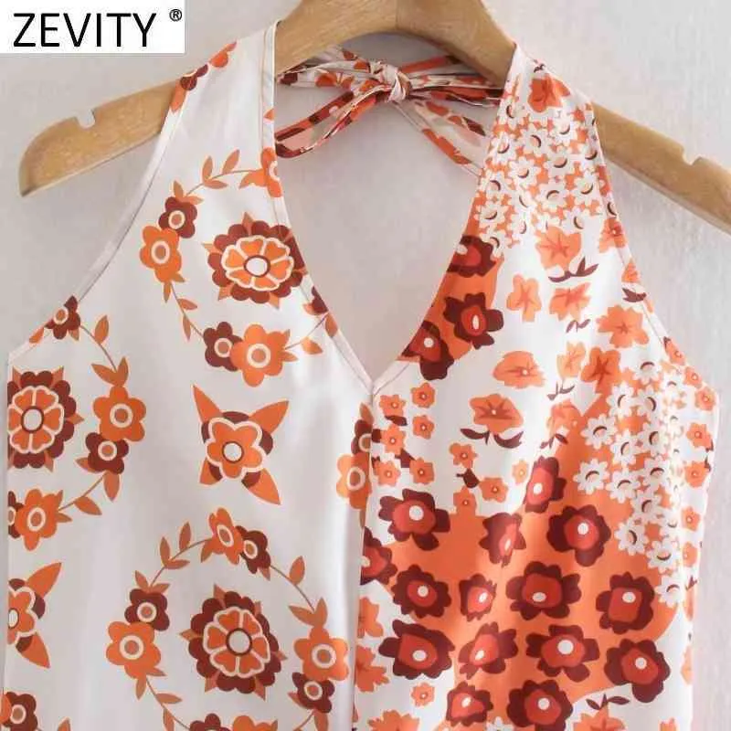 Zevity Kobiety Sexy V Neck Patchwork Floral Print Halter Smock Bluzka Panie Powrót Zipper Casual Slim Koszula Chic Lato Topy LS9307 210419  t