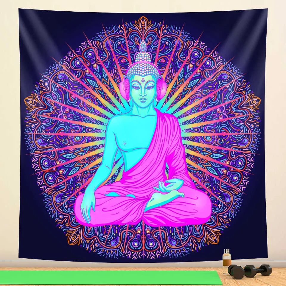 Meditazione del Buddha indiano Scena psichedelica Decorazioni la casa Arazzo Bohemian Hippie Camera da letto Lenzuolo Mandala Divano Coperta 210608