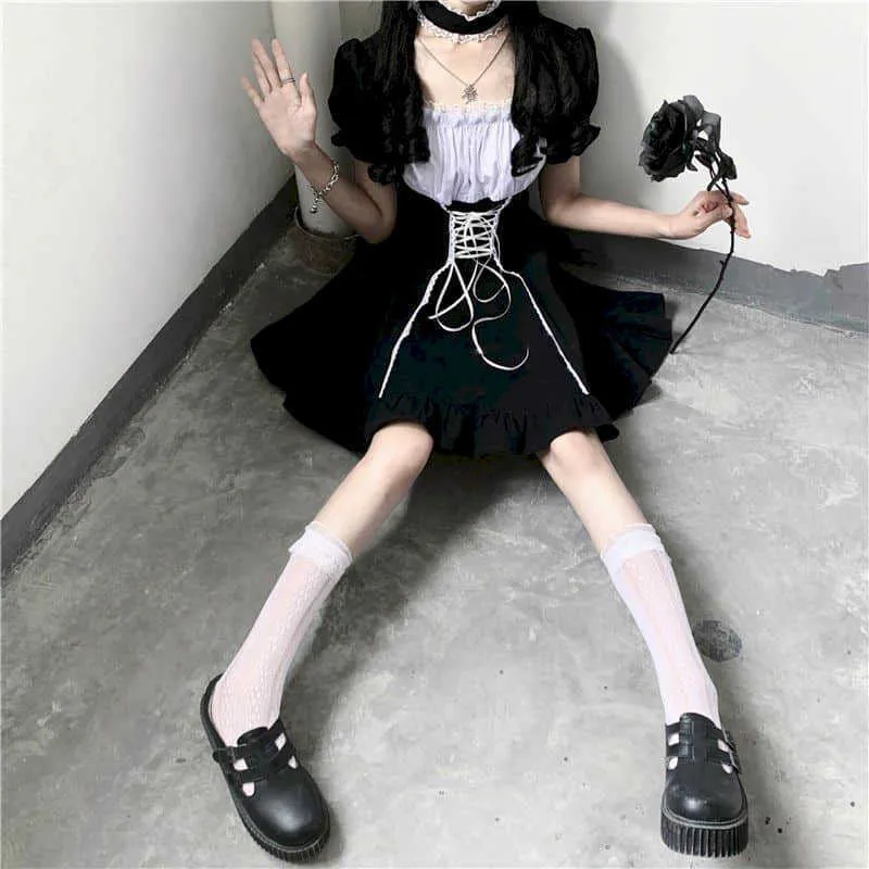 Koyu Siyah Puf Kollu Bel Elbise Kadınlar Japonya Yumuşak Kız Sevimli Lolita Etek Gotik Koyu Kawaii Beyaz Kravat 210526