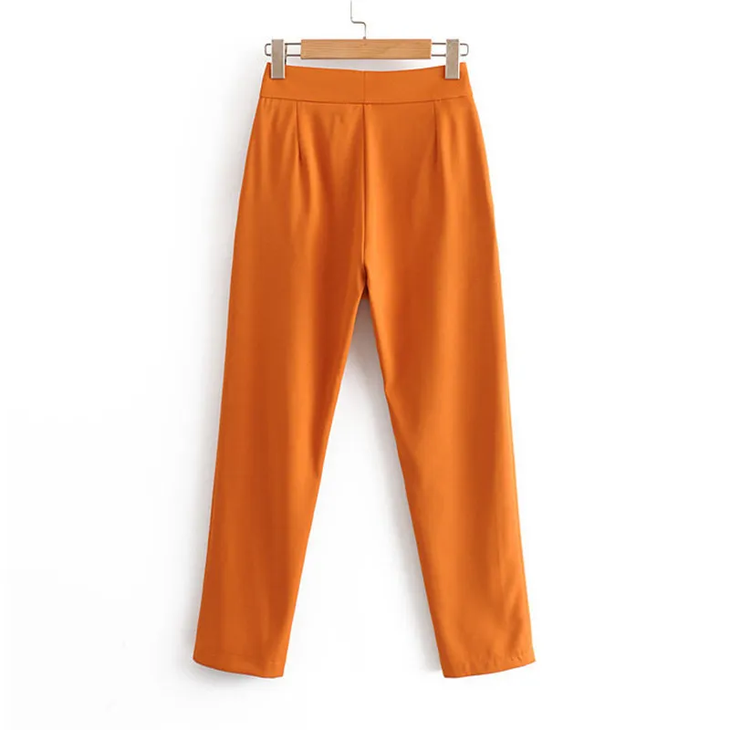 Les femmes élégantes Orange pantalons longs bureau portent des poches à fermeture éclair femmes élégantes pantalons décontractés pleine longueur pantalones 210430