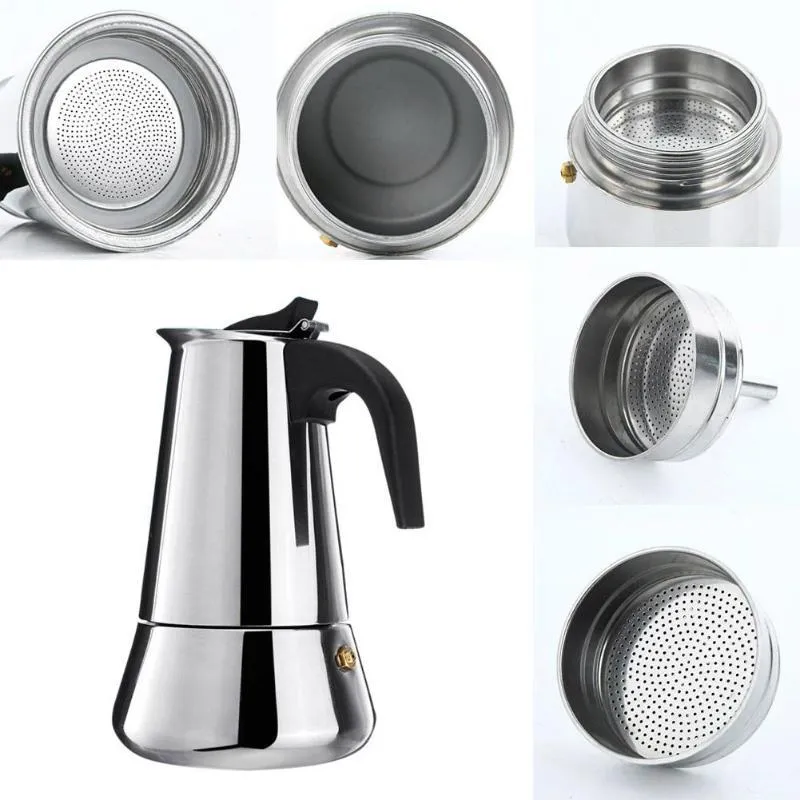 Kachel moka koffie pot roestvrij staal koffiezetapparaat moka espresso percolator kookplaat koffiezetapparaat pot 100/200/300/450 ml 210408