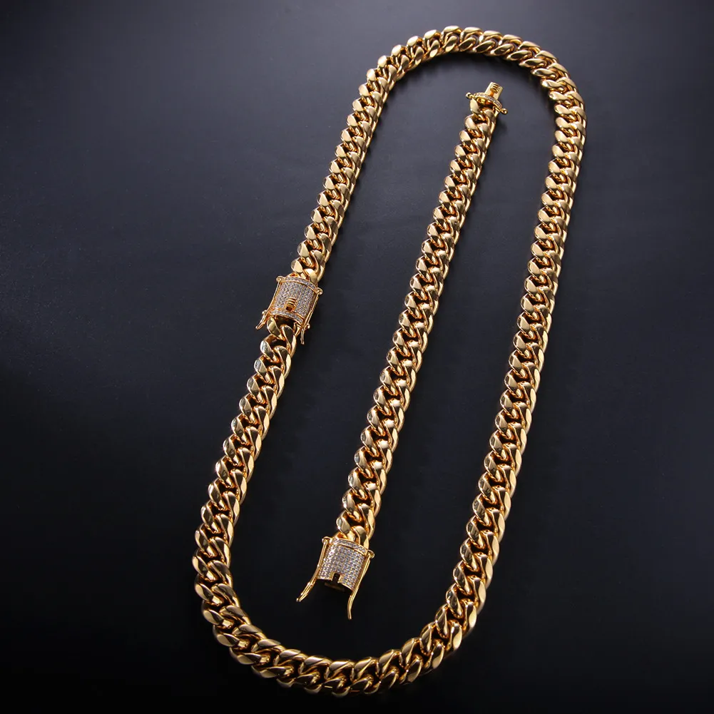 12 mm de cristal de circón de acero inoxidable cadena cubana pulsera de eslabones de diamantes de oro collares para hombres club nocturno hip hop joyería de moda wil306p