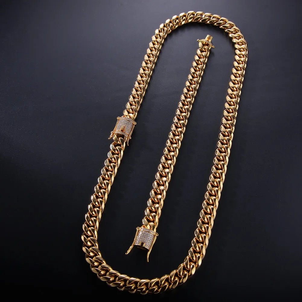 12mm Crystal Zirkoon Rvs Cubaanse Ketting Gouden diamanten schakelarmband Kettingen voor mannen Nachtclub hiphop mode-sieraden wil257d