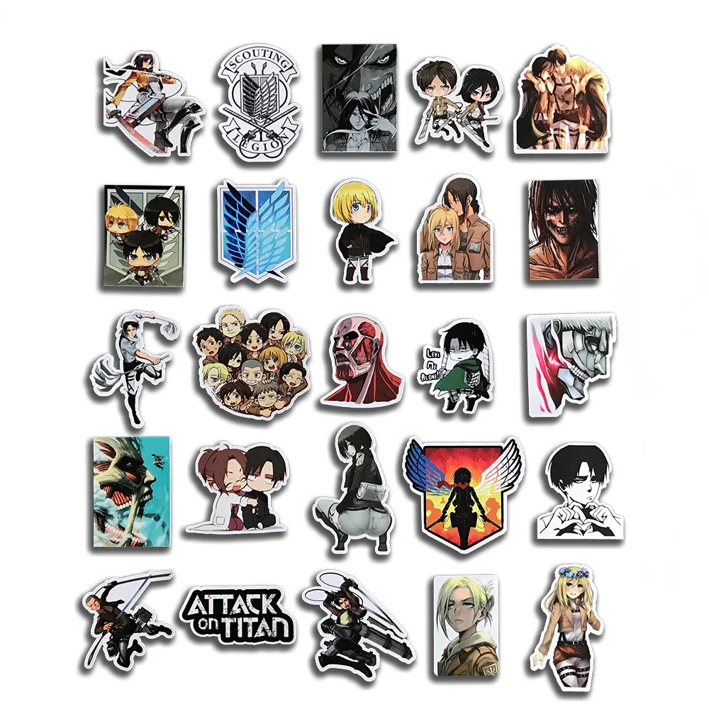 Auto sticker 10/50 stks Anime Stickers Aanval op Titan Sticker voor Laptop Telefoon Case Gitaar Auto Bike Kids Cool Gemengde Graffiti Vinyl Sticker Bom