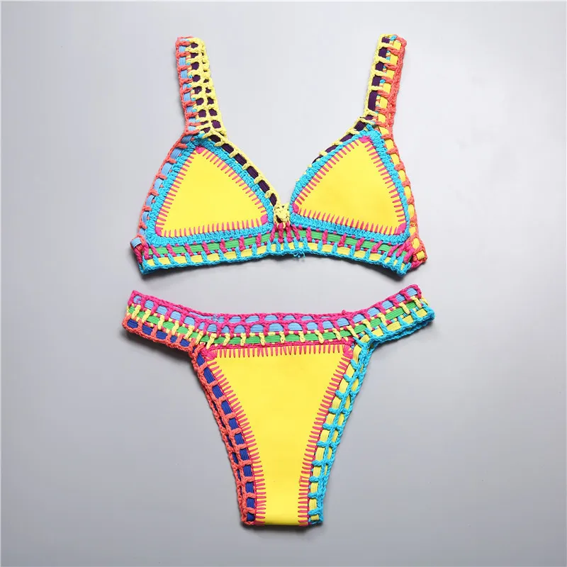 Crochet Swimwear for Female Knitted Swimsuits Neoprene Bikini Beachwear Boho Style Swimsuit Two Pieces Bathng Suits 220217