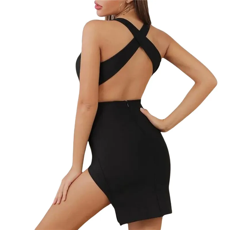 Kayotuas Kobiety Dress Sexy Głębokie V-Neck Backless Fashion Bez Rękawów Split Solid Color Damskie Party Cocktail Niski Cut Clubwear 210522