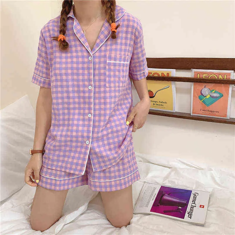 CAIYIER Sweet Pyjama Femmes Nightwear Grille Imprimé Été À Manches Courtes Vêtements De Nuit À La Mode Loisirs Style Coréen Shorts Homewear Costume 211109