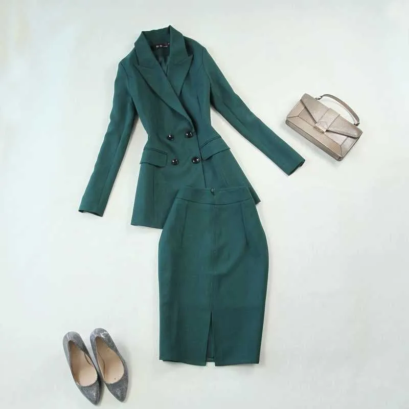 High quality ladies office skirt suit slim double-breasted blazer Casual bag hip two piece set Interview suits 210527