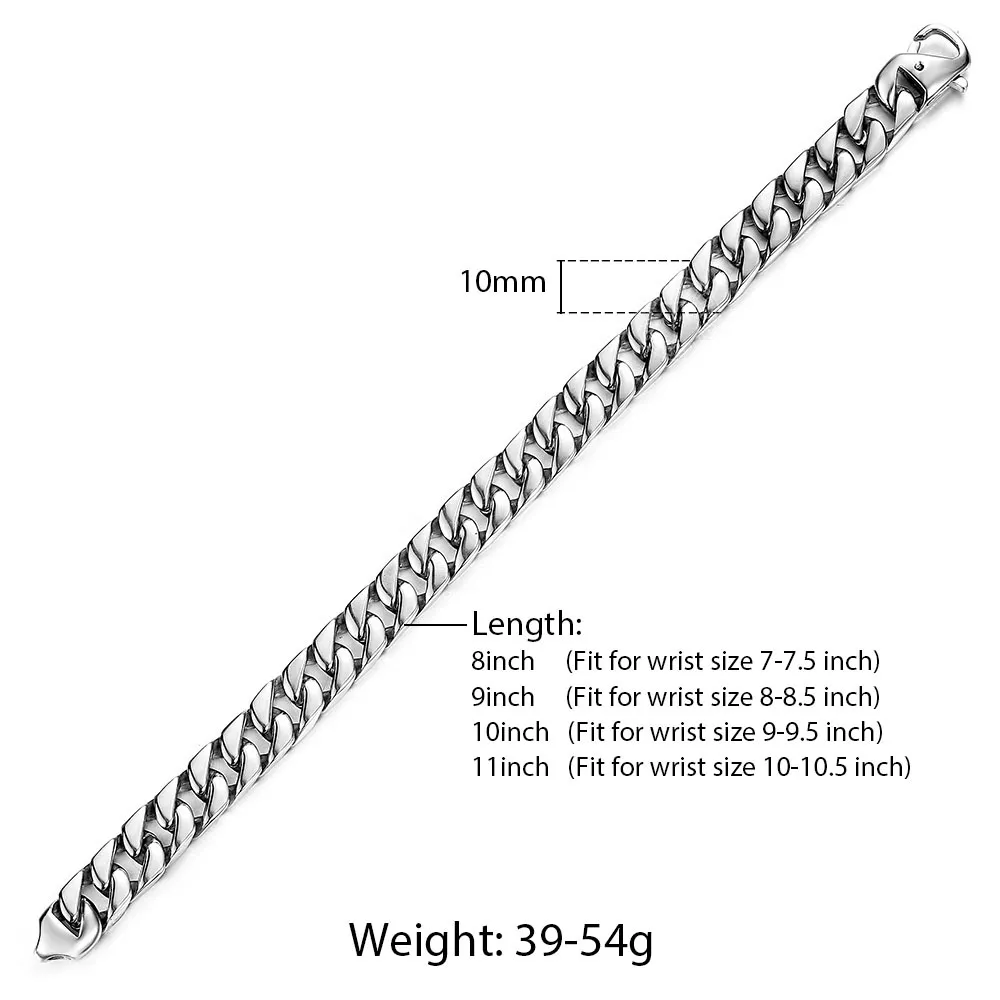 10mm Men's Curb Cuban Chain Link Bracelet for Mens Boys 316L Stainless Steel Gold Silver Color Whole Jewelry 8-11inch HBM123