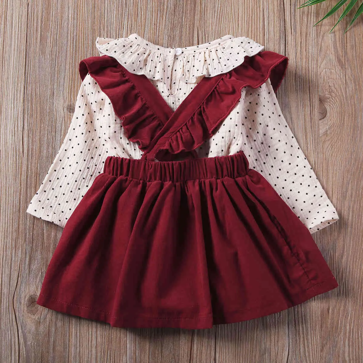 3-24M生まれた幼児の赤ちゃんの女の子の服セット秋の春のドットのフリルロンパースソリッドスカートオーバーオール幼児の衣装210515