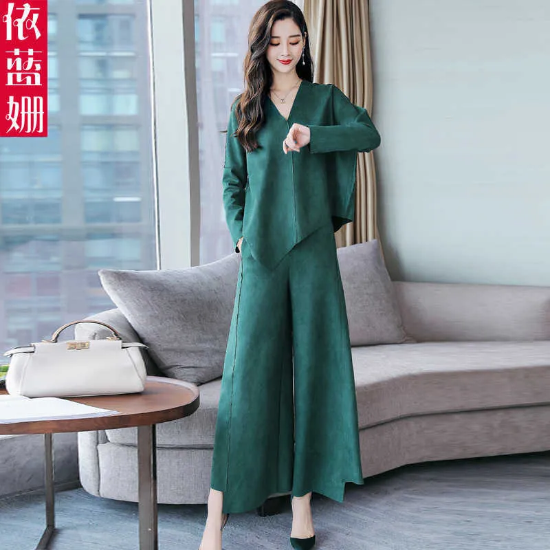 秋の秋、女性のデアーススキンベルベットファッションツーピーススーツシック香港スタイル成熟した女神ファン210930