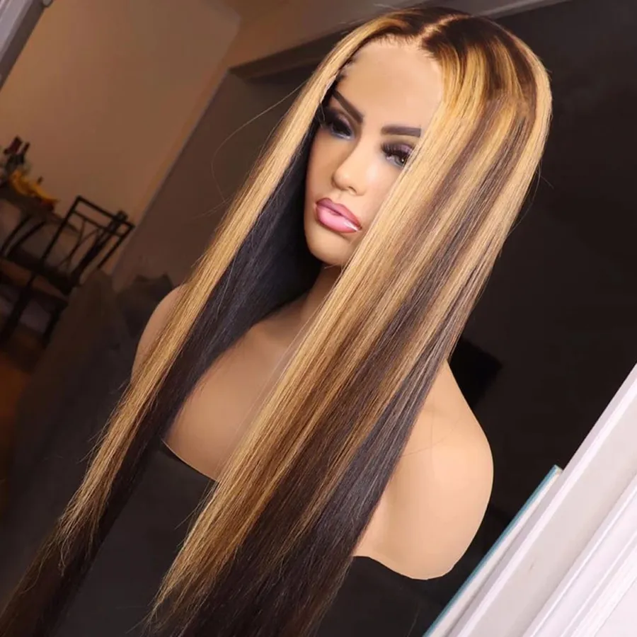 Hög kvalitet 42 -tums brasiliansk hår HD spetsbown blandad blond peruk 13x4 spets frontala peruker långa raka höjdpunkter spets front peruk syntetik för kvinnor