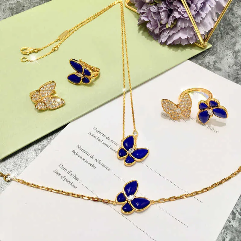 Brand Pure 925 Bijoux en argent sterling pour femmes Blue Lapis Butterfly Bijoux de mariage Boucles d'oreilles Bracelet Rrings1483188