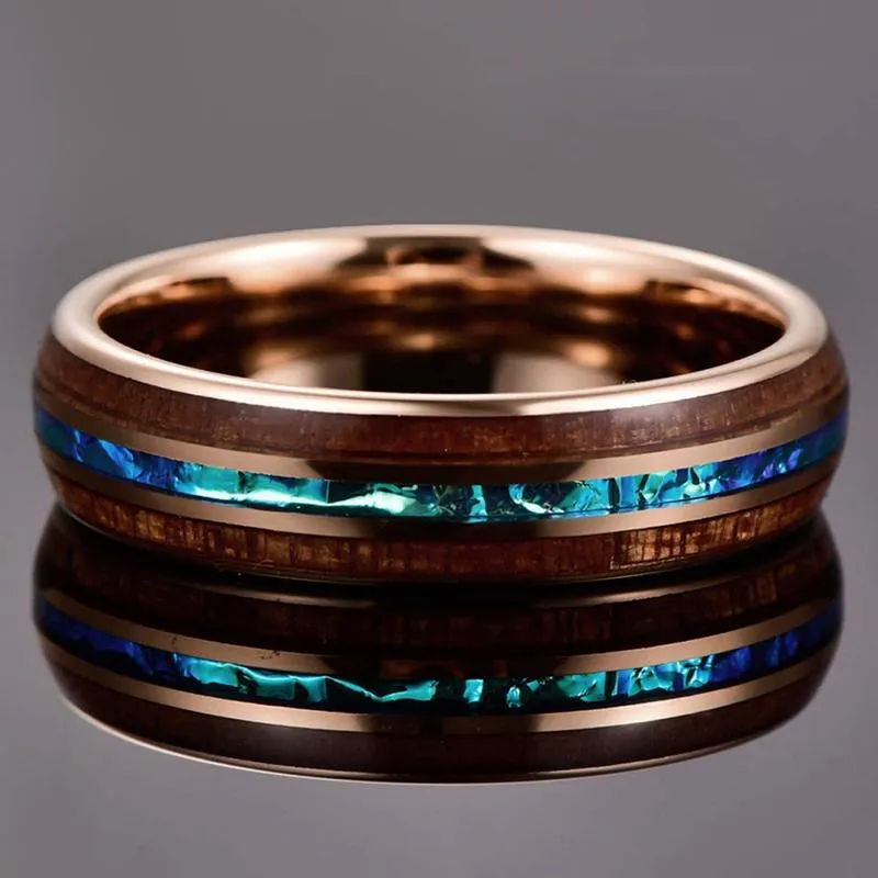 Wedding Rings Fashion 8mm Rose Gold Tungsten Carbide Hawaiian Koa Wood And Abalone Shell Opal Inlay Ring Band Men's Jewelry258j