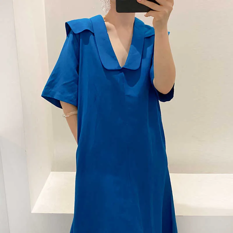 Korejpaa Women Dress Summer Korean Chic Ladies Minimalist Vintage Navy Collar Design Loose Casual Solid Color Vestidos 210526