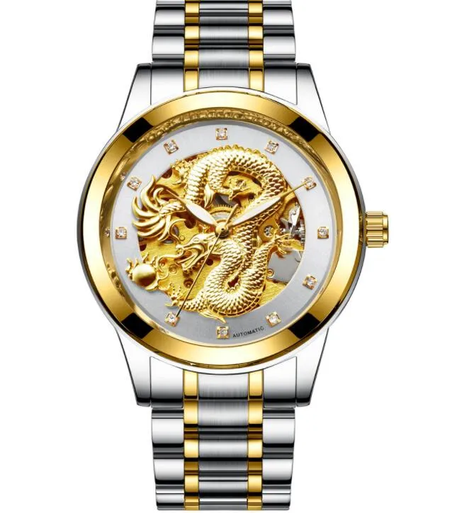 Mohdne H666 Брендовые мужские часы с автоматическим механизмом, полые мужские часы, большая золотая пластина с драконом, водонепроницаемые2405
