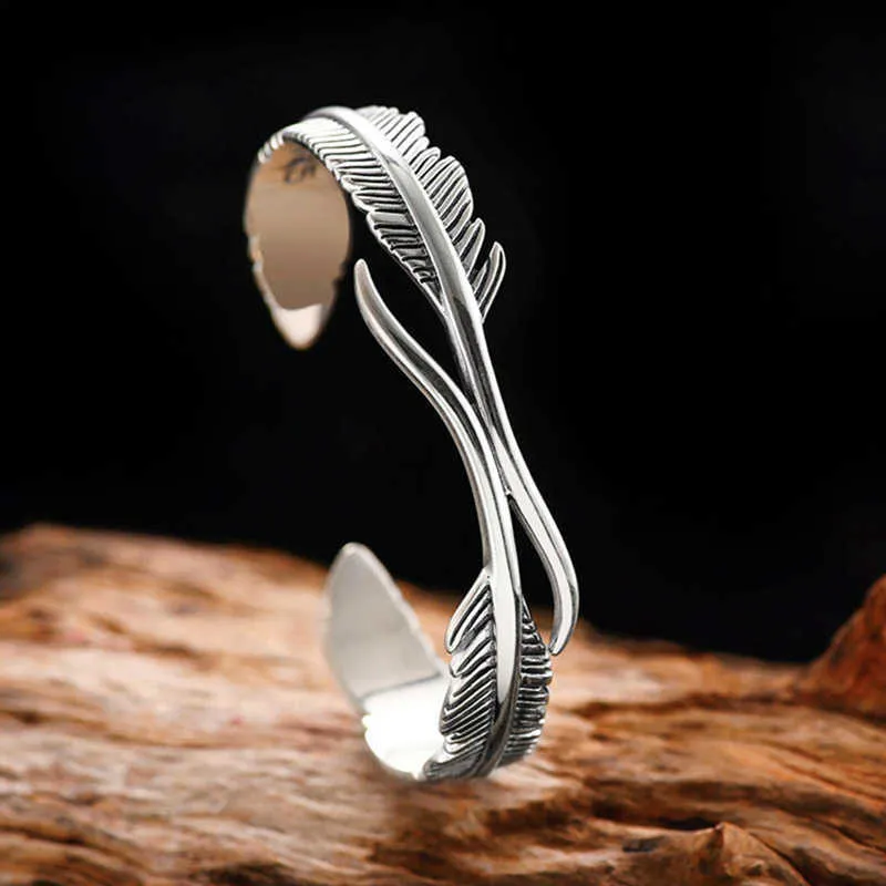 Vintage Stainless Steel Leaf Feather Shape Open Cuff Bangle Bracelet for Men Women Classic Retro Style Rock Jewelry Q0719