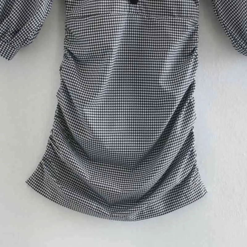 Kvinnor Houndstooth Pläterad Mini Klänning Kvinna Tre Kvartär Äreve Kläder Tillfälligt Lös Vestido D6909 210430