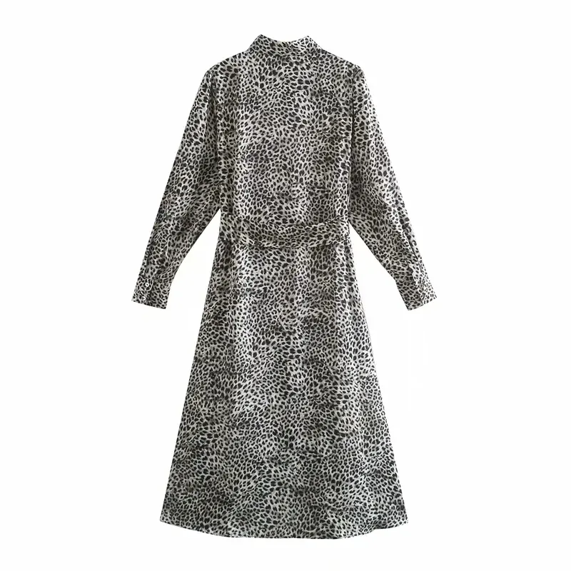 Leopard Print Satin Dress Women Winter Belt Long Sleeve Midi Shirt Woman Vintage Elegant Ladies es 210519
