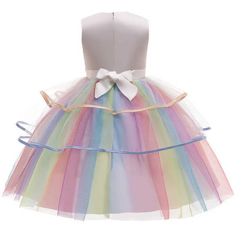 Summer Teenager Girls Dresses Cartoon Unicorn Appliques Knee-length for Party Wedding Piano Perform Kids Clothes E0698 210610