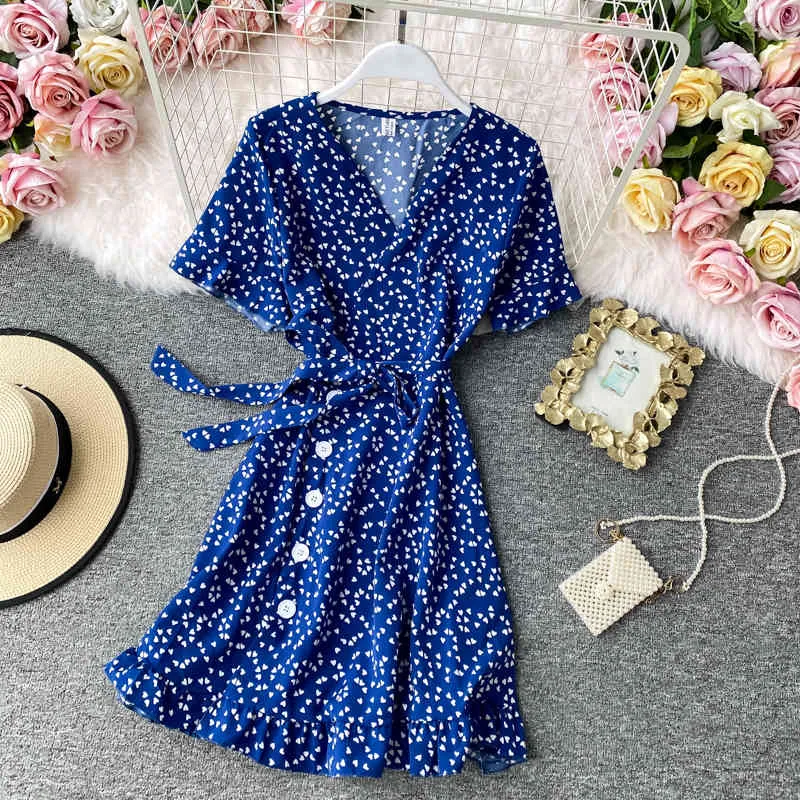 Koreański Czerwony Elegancka Seksowna Dress Kobiety Summer Beach V-Neck Print Mini Dress Waist Ruffles Chffion Dress Vestidos 210514