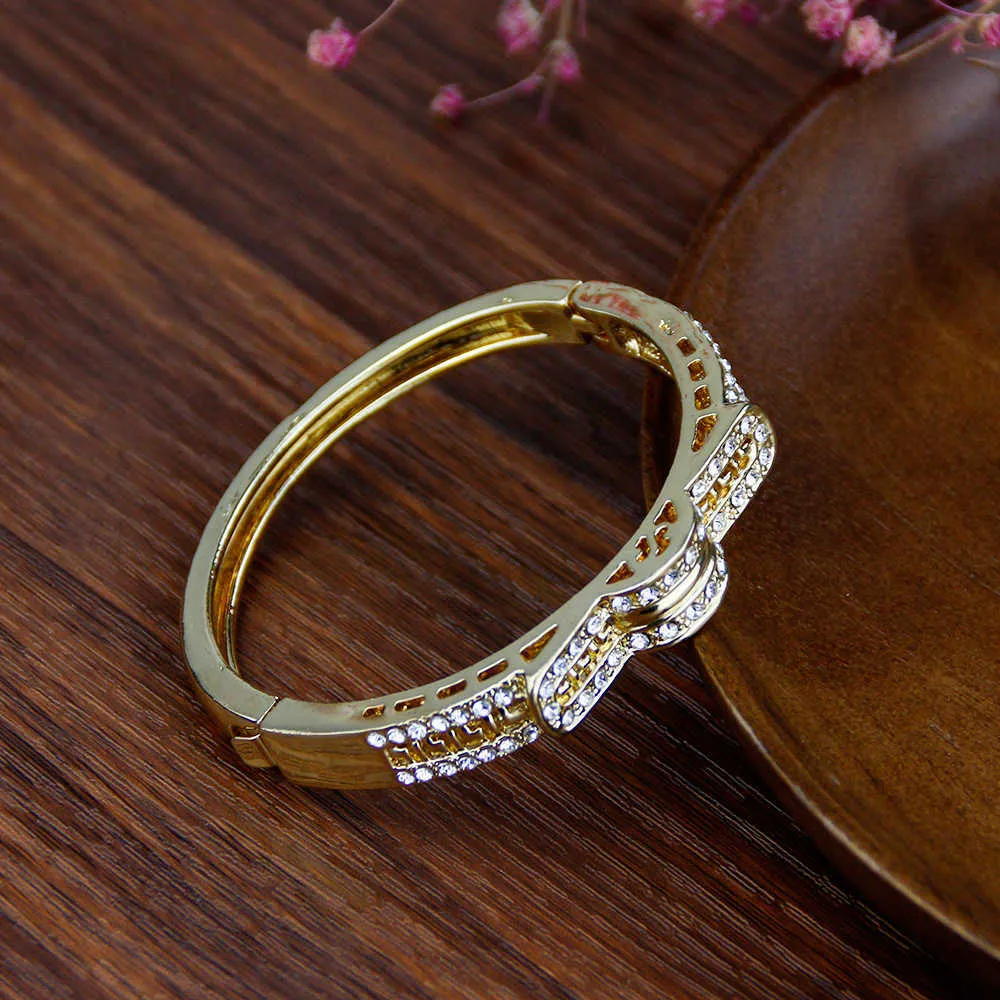 Sunspicems Fashol Gold Färg Marocko Kvinnor Bangle Armband för Bride Full Crystal Arab Etniska Bröllop Smycken Gift 2021 Q0719