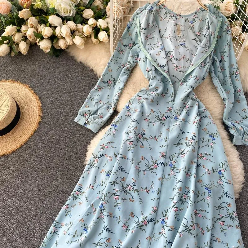 Women French Blue Floral Maxi Dress Autumn O Neck Hollow Long Sleeve A-line Dress Boho Print Elegant Holiday Long Robe 210419