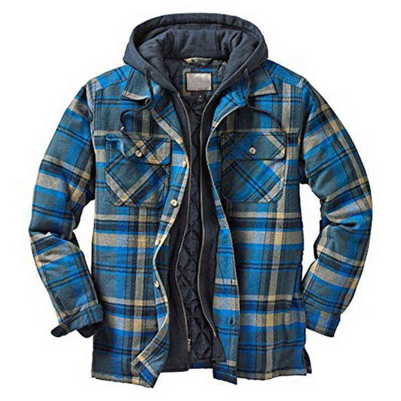 Hiver Hommes Vestes Vintage Plaid Manteau Mâle Chaud Parkas À Capuche Épais Outwear Globalement Vêtements Casual Lâche Sport Veste LA325 211110