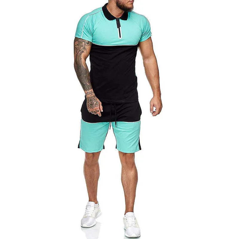 Mens Short Tracksuit Set Colorblock Sweatsuits Male Sets Summer Casual Clothes Lapel Shirt and Shorts Polo Sweat Suit 210714