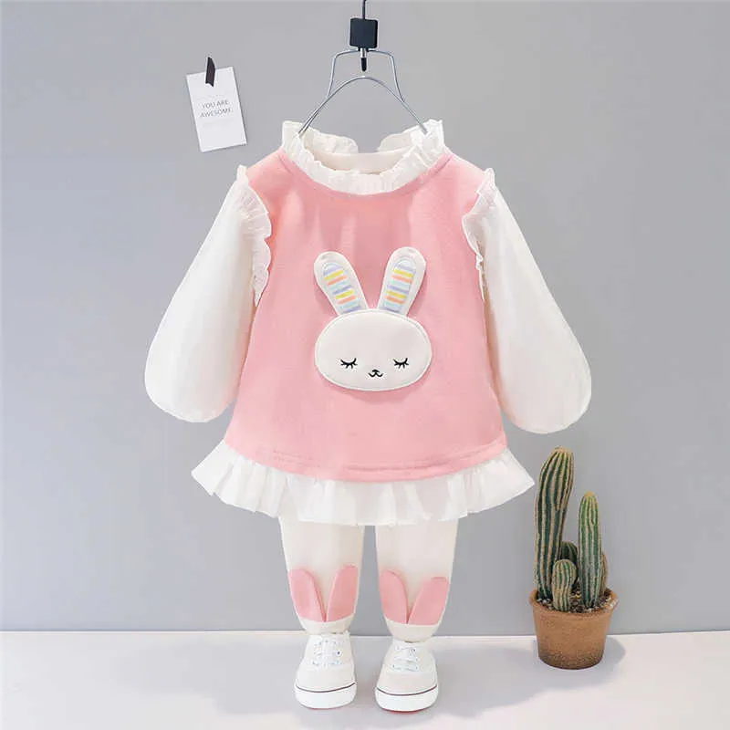 HYLKIDHUOSE Set di abbigliamento ragazze Primavera Autunno Baby Rabbit T-shirt in pizzo Pantaloni Bambini Abbigliamento bambini Abbigliamento casual neonato