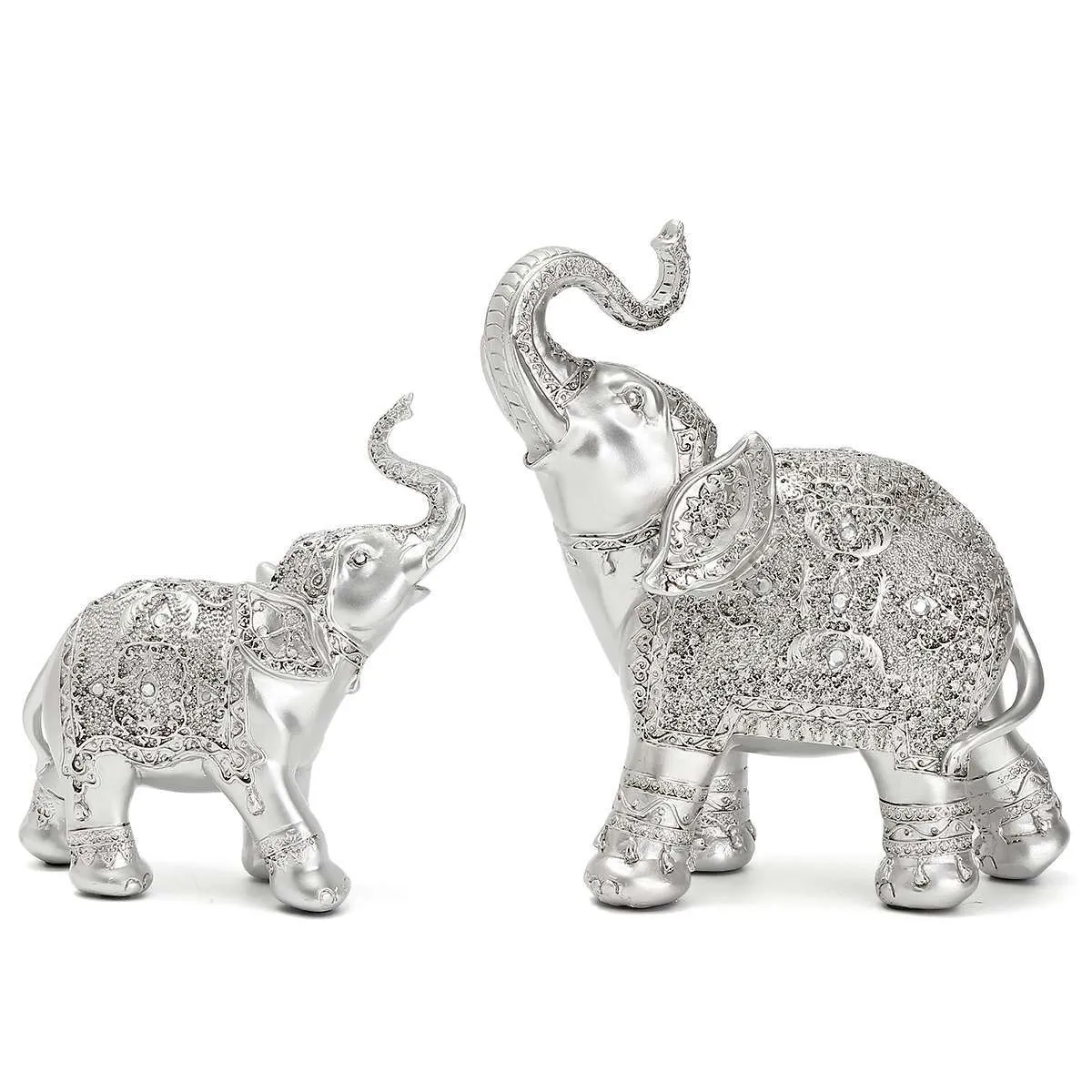 Mode 2 pièces/ensemble argent polyrésine orné éléphant Statue chanceux Figurine Sculptures ornements pour bureau à domicile décor artisanat cadeau 210414