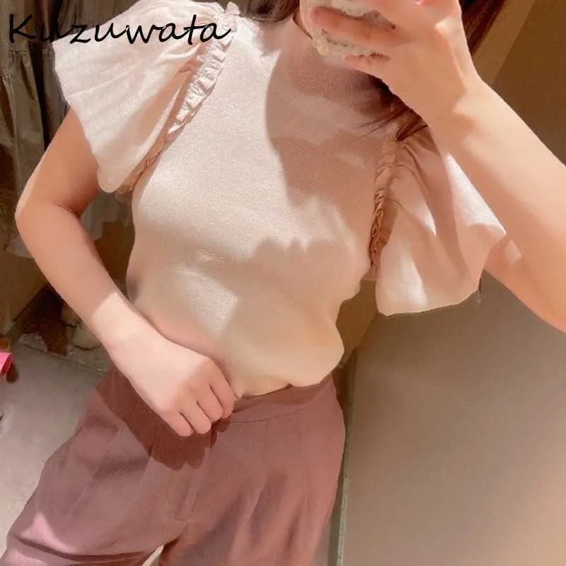 Kuzuwata Eleganckie Ruffles Patchwork OL Bluzka Kobiety O Neck Sweter Krótki Rękaw Blusas Lato Solidna koszula Feminino 210812